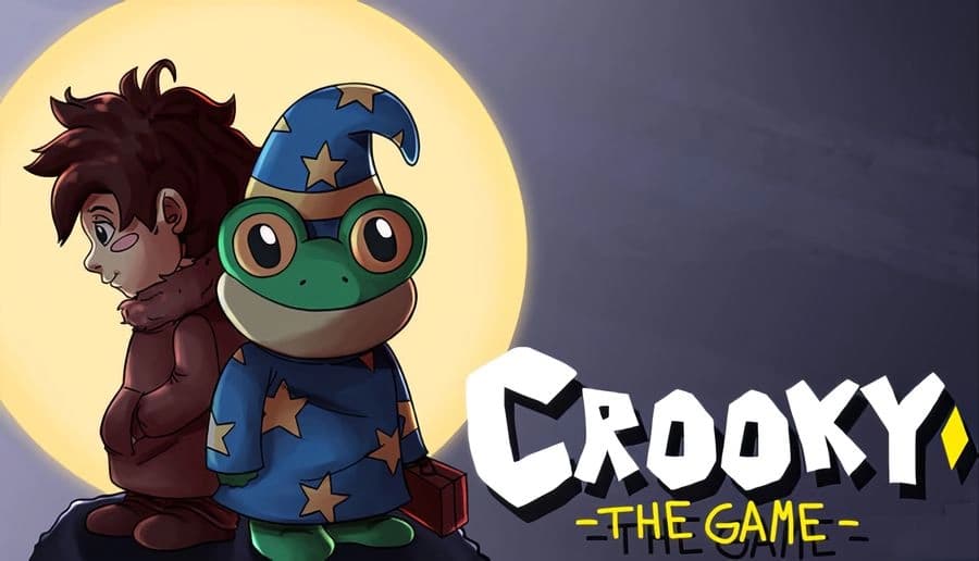 Crooky The Game: young boy sits back-to-back with smiling frog wizard holding suitcase under glowing full moon.