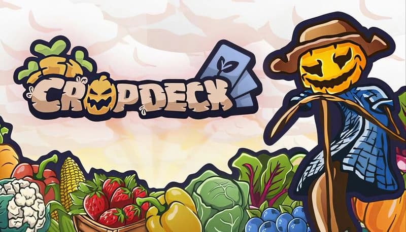 Cropdeck: Smiling scarecrow with straw hat beside vibrant vegetables in sunny field backdrop. Cards float above logo.
