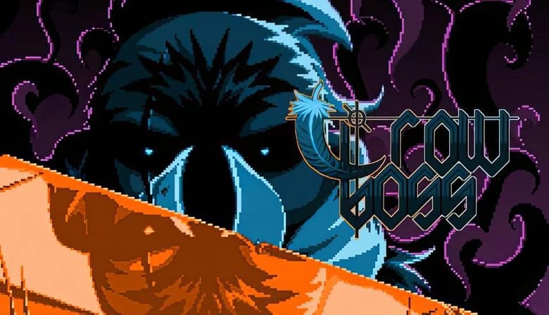 Crow Boss: Dark figure with piercing eyes amid swirling purple shadows, holding a glowing orange sword in pixel art style.