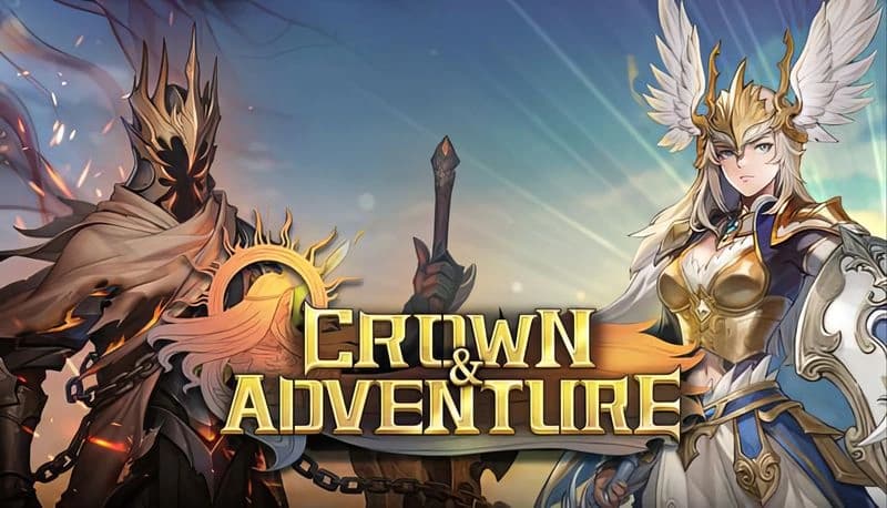 Crown and Adventure: Winged female warrior in gold armor and cloaked knight with sword stand ready against colorful sky.