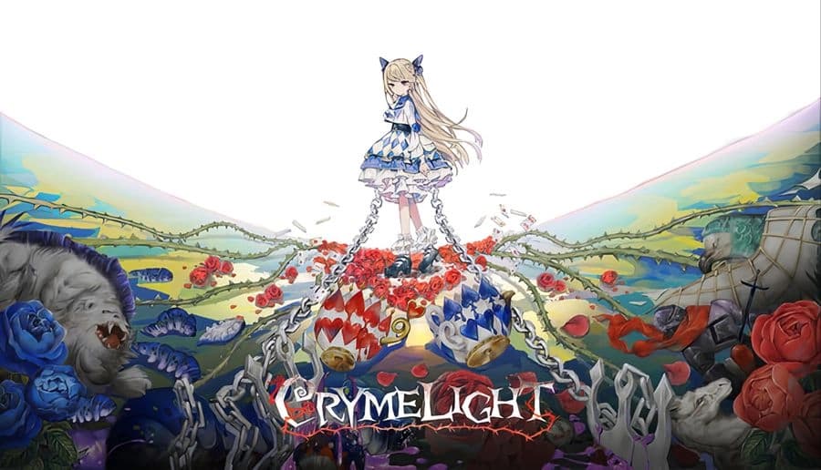 CRYMELIGHT: Blonde young girl in blue dress stands on floating rubble above rose field, chains trailing to ground.