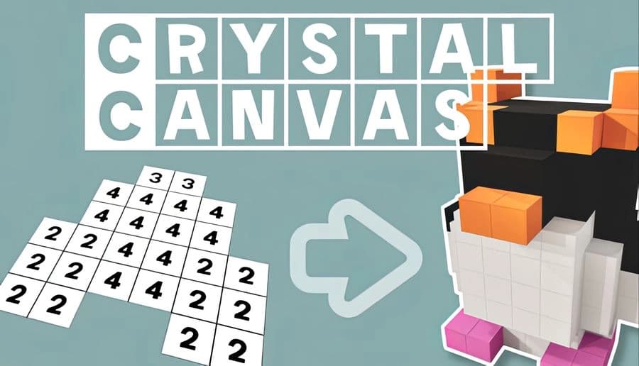 CrystalCanvas: numbered paint-by-number grid arrow pointing to 3D voxel penguin head on teal background.