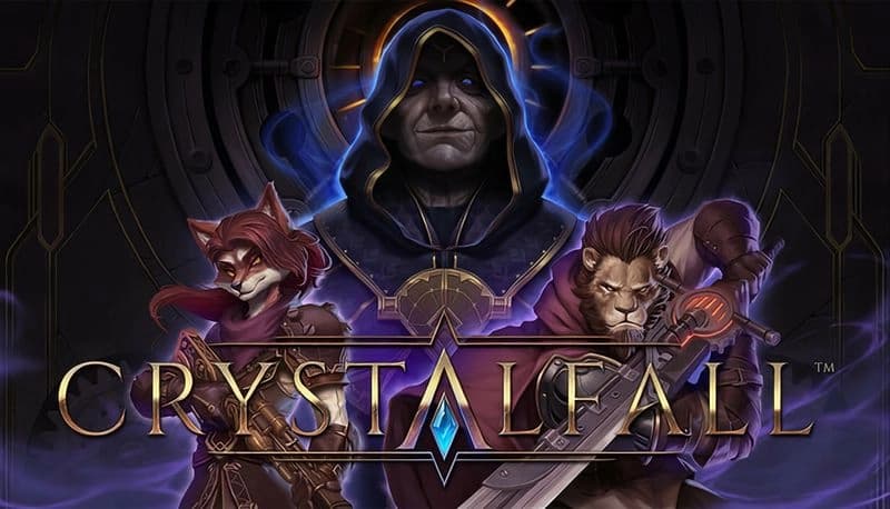 Crystalfall: Hooded figure flanked by a fox warrior with sword and lion man with weapon, steampunk gear in background.