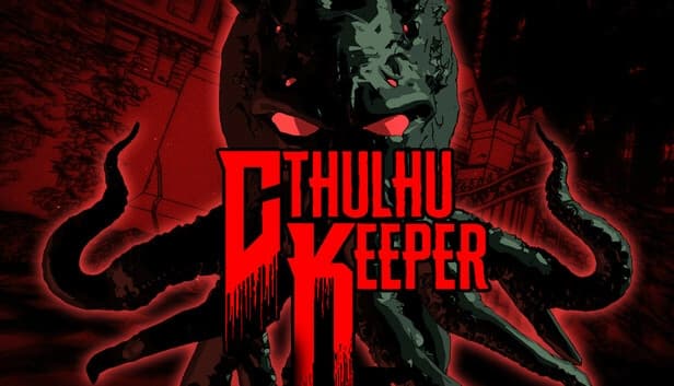 A green tentacled creature with red eyes looms over a red backdrop with ominous buildings and shadows.
