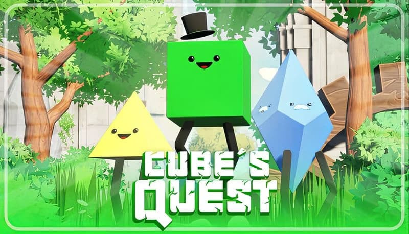 Cube's Quest: A cube with a top hat and two geometric friends stand smiling in a sunlit forest clearing with tall trees.