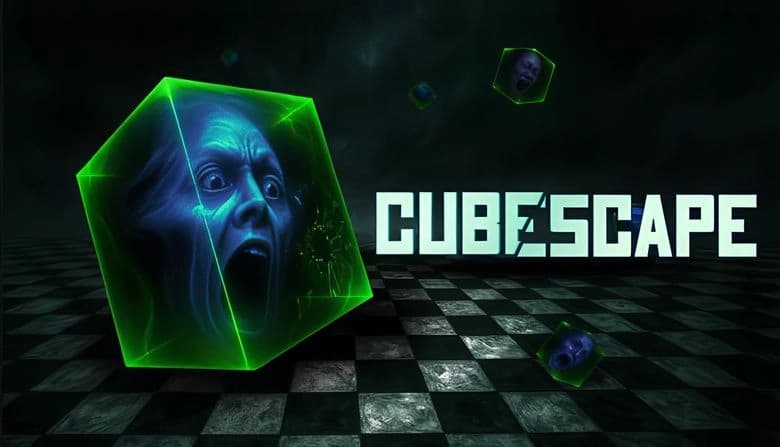 CUBESCAPE: A screaming face trapped in a glowing cube floats over a dark, checkered floor in a surreal, ominous setting.