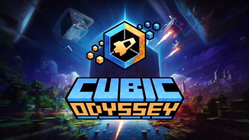 A vibrant blocky universe with block planets and spaceships, set against a dynamic starry backdrop.