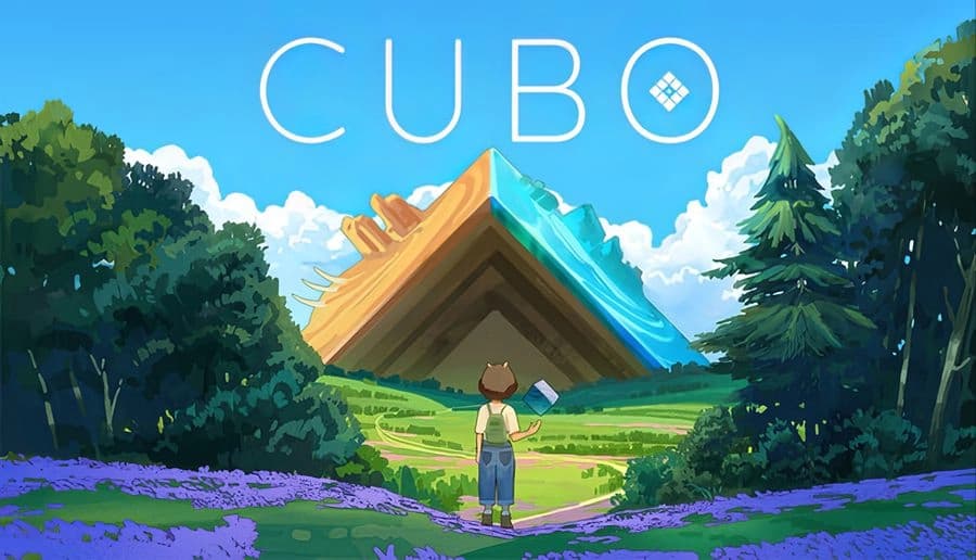 CUBO: Young boy stands in a wildflower field facing a tilted cube-shaped landscape with forests and clouds overhead.