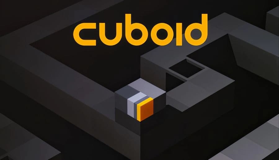 CUBOID: Small white cube with orange face rolling along gray block path on dark, isometric minimalist maze background.
