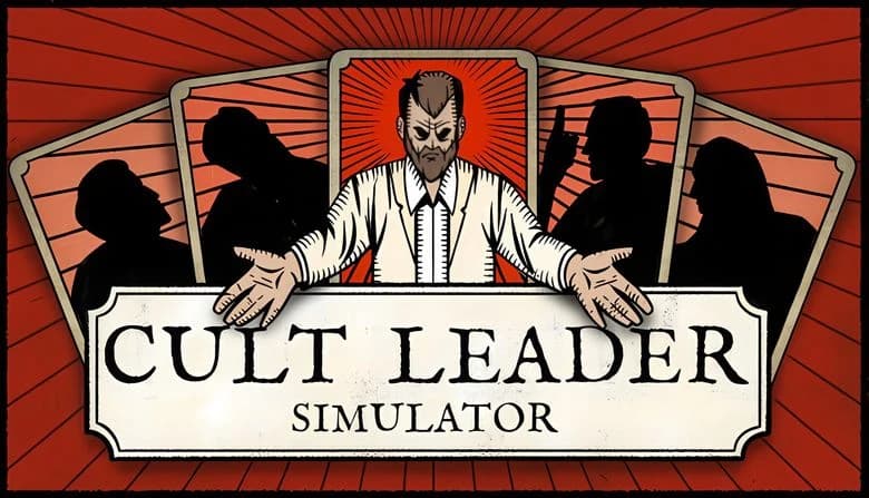 Cult Leader Simulator: Middle-aged man in suit gestures forward, surrounded by silhouetted figures on cards in red setting.