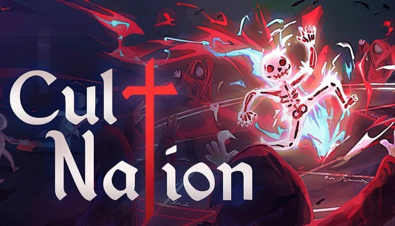 Cult Nation: Glowing skeleton dances amid chaotic battle, surrounded by hooded figures with vibrant energy in a dark scene.