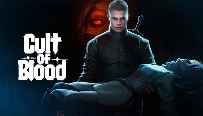 Cult Of Blood: Young man in dark attire holds unconscious woman in eerie forest, watched by ominous red eye in shadows.