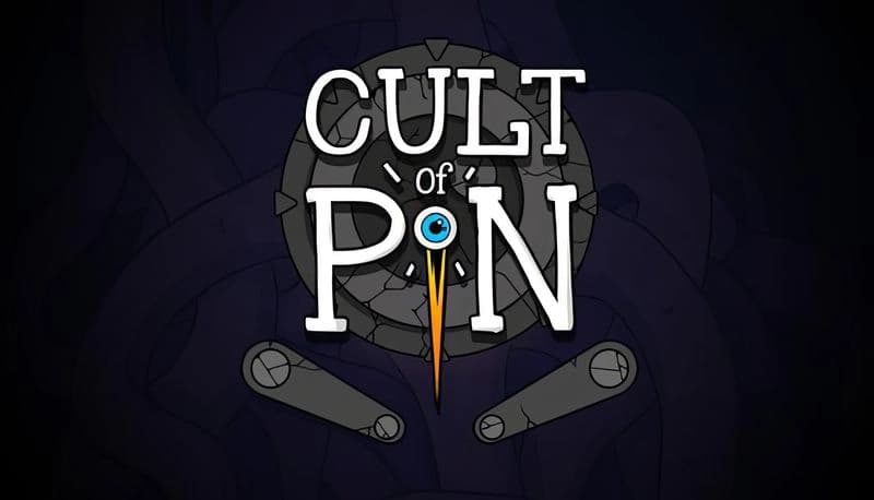 Cult of PiN: Two pinball flippers under cracked stone wheel with eye flipper replacing "I," dark tendrils in backdrop.