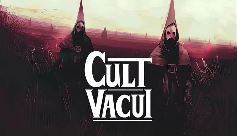Cult Vacui: Two hooded figures in white masks, pointy hats stand in eerie red field, others behind under twilight sky.