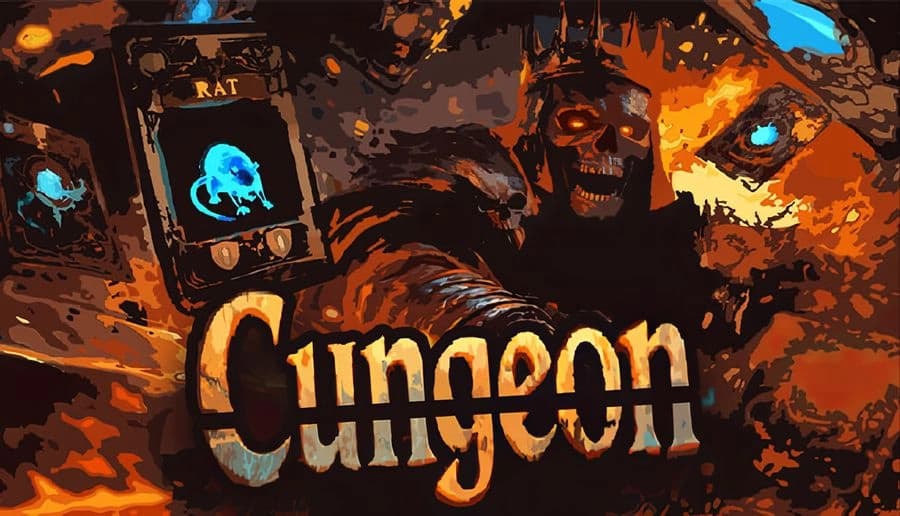 Cungeon: Glowing skull-faced monster looms beside a rat card, flames and embers filling a fiery dungeon backdrop.