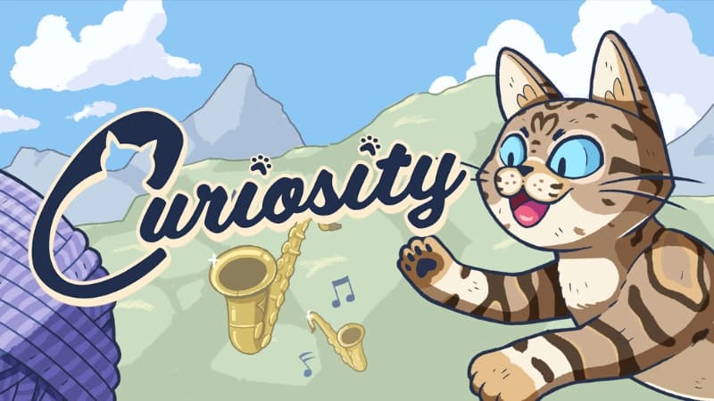 A joyful cat with large blue eyes reaches for a big yarn ball. Saxophone and musical notes on grassy hill in background.