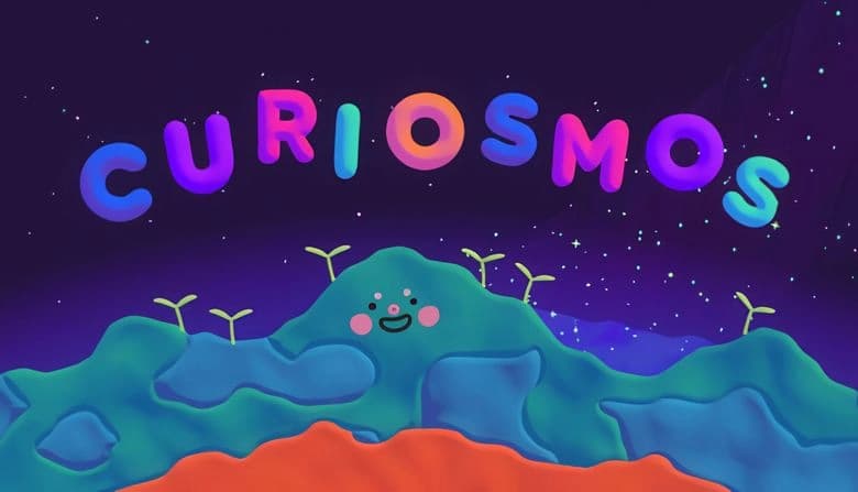 Curiosmos: Smiling hill with sprouts under starry sky, colorful title letters above, creating a whimsical space setting.