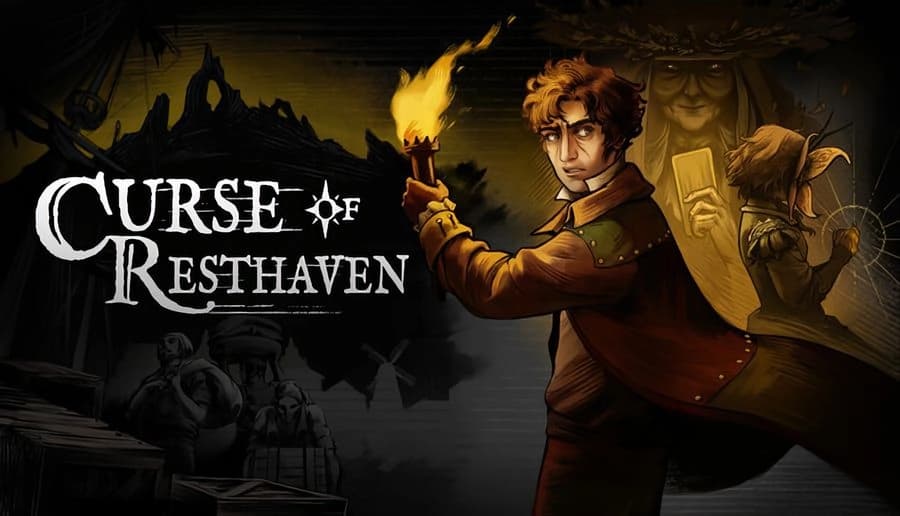 Curse of Resthaven: young man holds a flaming torch, facing forward, dark ruins and shadowy figures behind him.