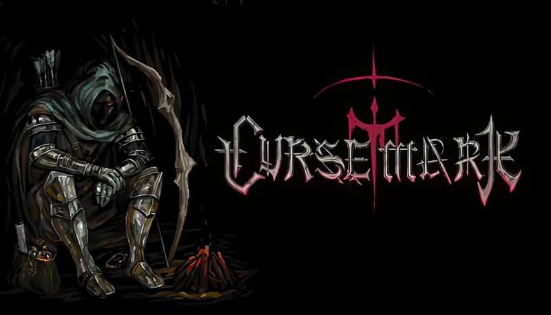 Cursemark: Hooded warrior with bow sits by a campfire in dark forest setting, ready for action, against black backdrop.