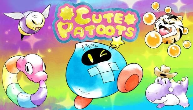 Colorful cartoon characters on a rainbow background, including a flying bee, a tiger head, a blue blob, and a rainbow snake.