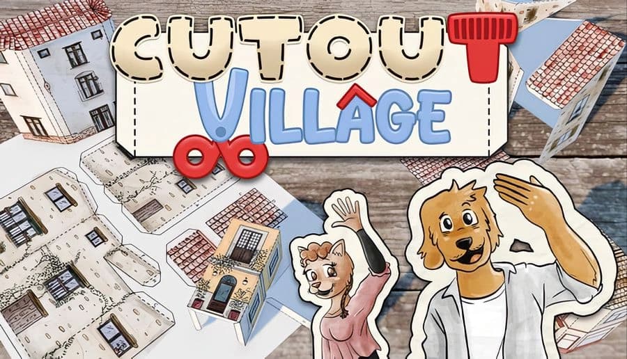 Cutout Village: Man and woman wave beside title banner over paper-cut houses and bridges on a tabletop map background.