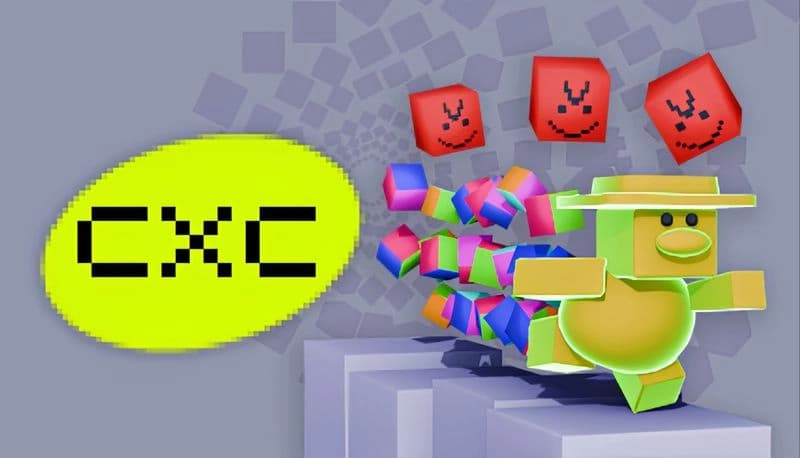 CxC: Blocky yellow bird wearing a hat runs from red cubes with faces, set against a geometric, abstract background.