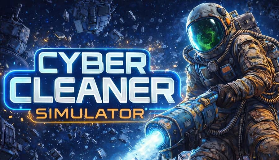 Cyber Cleaner Simulator: Astronaut in reflective helmet uses futuristic vacuum to clear debris in a star-filled outer space setting.