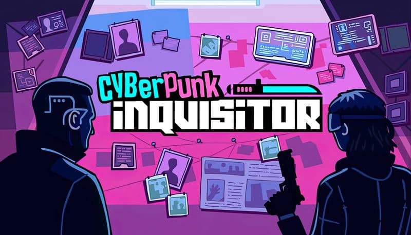 Cyberpunk Inquisitor: Two figures analyze digital profiles in a futuristic control room, surrounded by floating data screens.