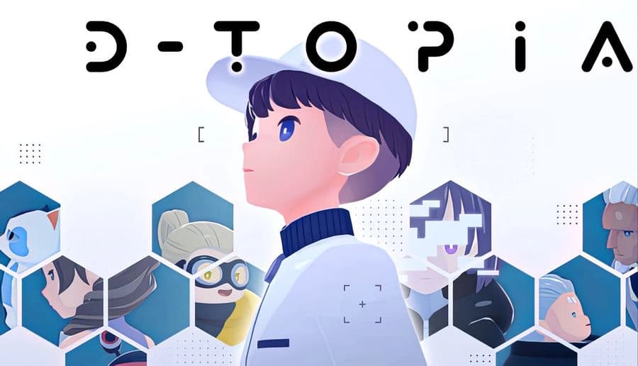 D-topia: Young boy in white uniform and cap looks upward, side profile, with blue-gray worker portraits behind.