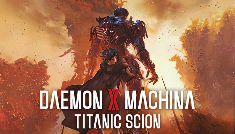 Daemon X Machina: Young woman and giant mech stand amid fiery ruins, intense orange sky highlighting their silhouettes.