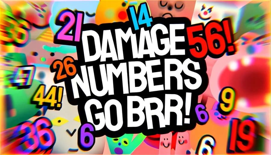 Damage Numbers Go Brr!: Colorful cartoon damage numbers around bold game title on bright background with blur streaks.