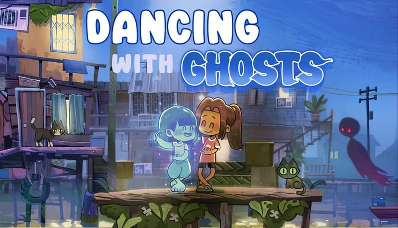 Dancing with Ghosts: Young girl joyfully dances with blue ghost on wooden platform, watched by cats, in a stilted village at dusk.