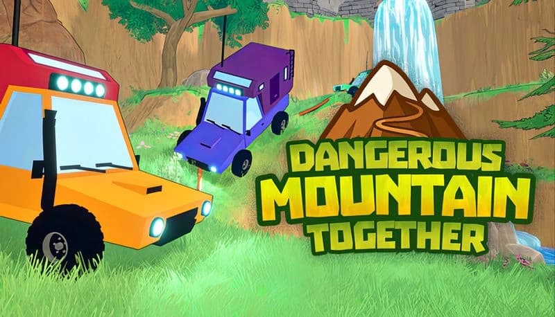 Dangerous Mountain Together: Two RC cars tethered, navigating lush mountain terrain with a looming waterfall in background.