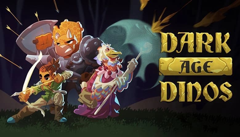 Dark Age Dinos: Armored triceratops, young archer, and sword-wielding bird in medieval forest facing arrows in flight.