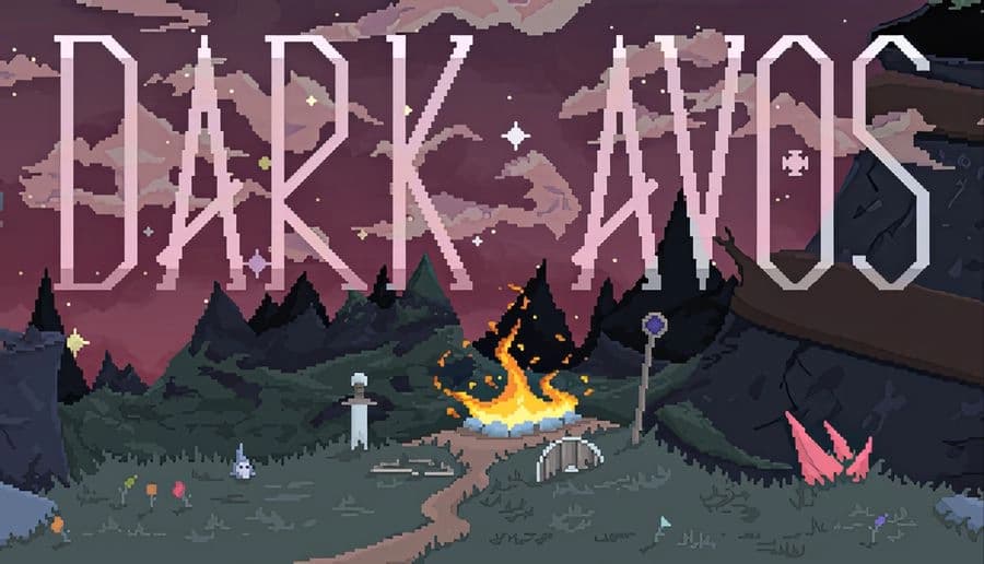 Dark Avos: Pixel campfire with tent, stone altar and sword, under cloudy night sky beside dark hills and trees.