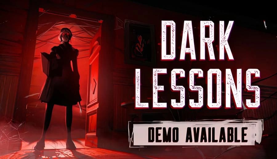 Dark Lessons: young girl holds a candle in a red-lit hallway, tall shadowy figure looming behind her door.
