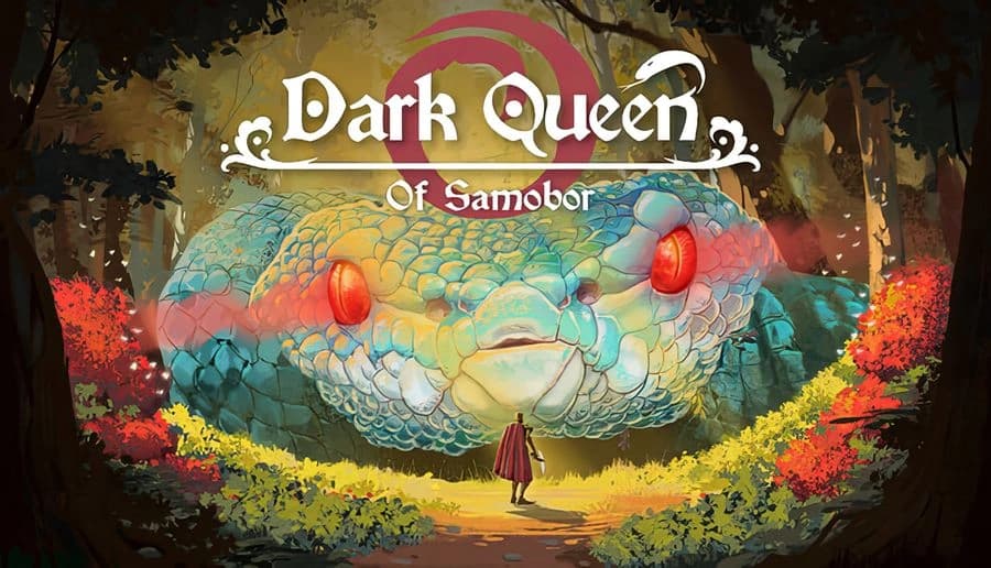 Dark Queen of Samobor: cloaked woman faces giant blue serpent head with red eyes in dark forest clearing at dusk.