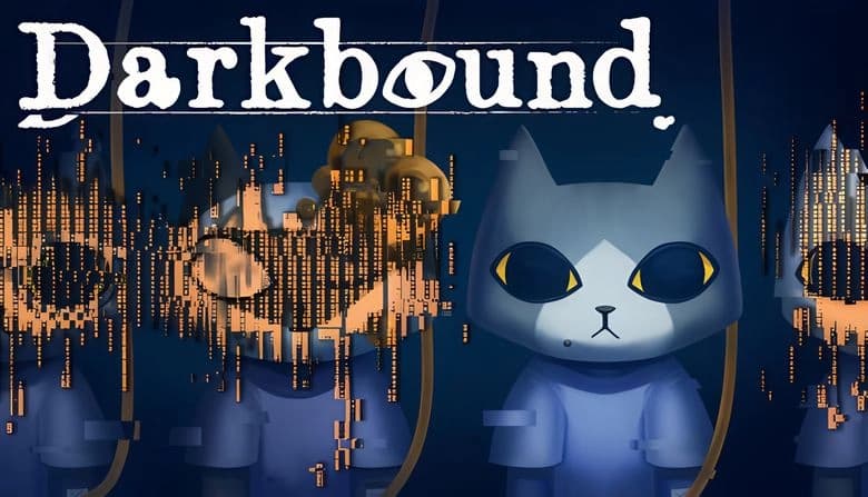 Darkbound: Anthropomorphic cat in blue hospital attire with glitch effects, surrounded by dark silhouettes and data streams.