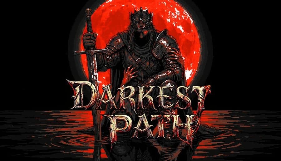 Darkest Path: armored knight grips a sword before a huge red moon, standing in rippling blood-red water at night.