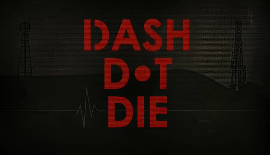 Dash Dot Die: Dark landscape silhouette with radio towers and white waveform over black background, evoking a cryptic vibe.