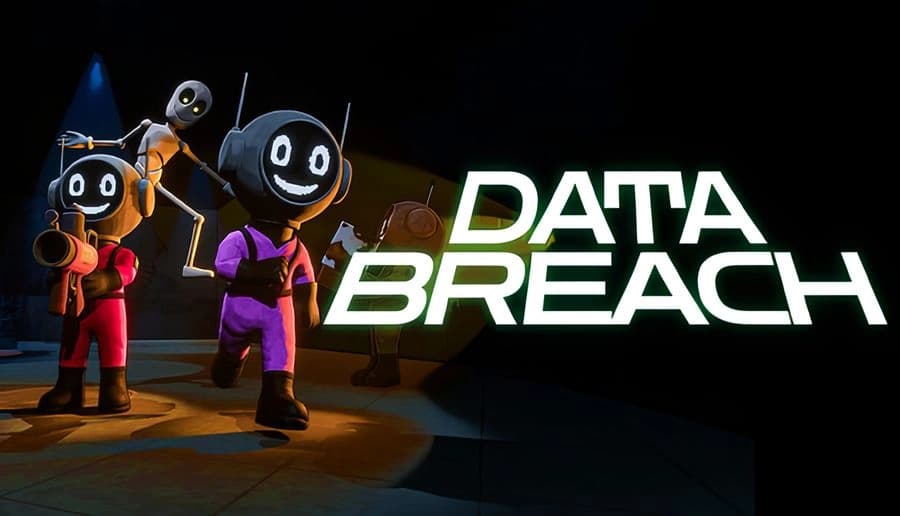 DATA BREACH: two smiling robots in red and purple jumpsuits hold tools on a dark stage beside a neon title.