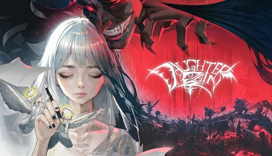 DAUGHTER OF PAIN: White-haired young girl with closed eyes as red demon looms behind, silhouetted fighters below.