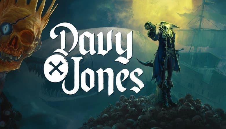 Headless pirate captain stands on skulls, aiming a handgun. A crowned skeleton is on the left. Ghostly ship looms behind.