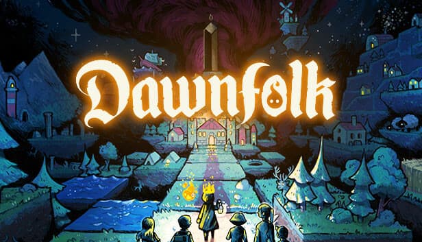 Dawnfolk: Six adventurers approach a castle under a swirling dark sky in a fantasy landscape. Vibrant, whimsical art style.