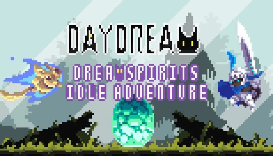 Daydream Cat: three flying fantasy spirits circle a glowing green portal above dark hills under a cloudy sky.
