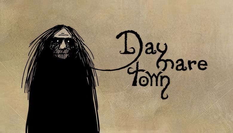 Daymare Town: Dark-robed elderly figure with long disheveled hair and hollow eyes stands against a textured cream backdrop.