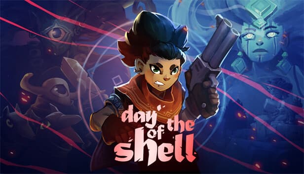 Day of the Shell: Fierce figure with windswept hair wields revolver, mystical backdrop with ethereal figures and symbols.