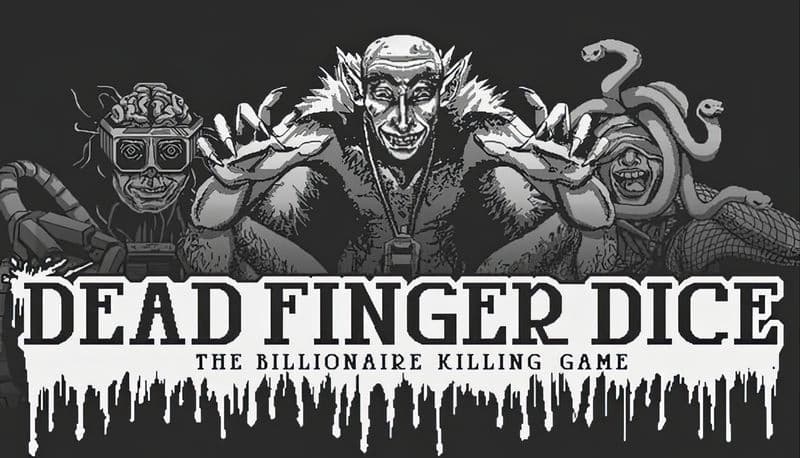 Dead Finger Dice: Three sinister demon figures with eerie grins, one with snakes, in dark setting, central figure reaching.