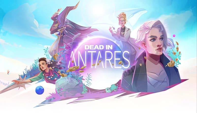 Dead in Antares: Four diverse women in futuristic attire amidst vibrant alien landscape with floating geometric shapes.