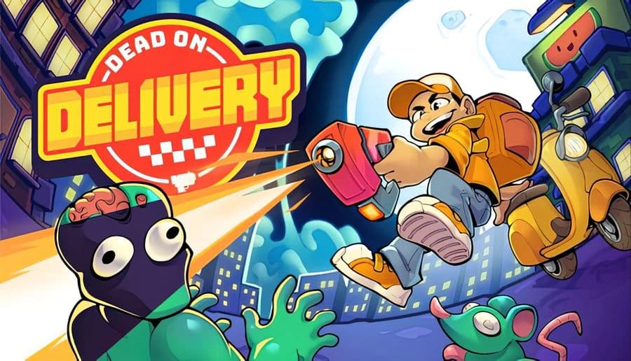 Dead on Delivery: smiling pizza delivery man aims red blaster while leaping above a city skyline at night.